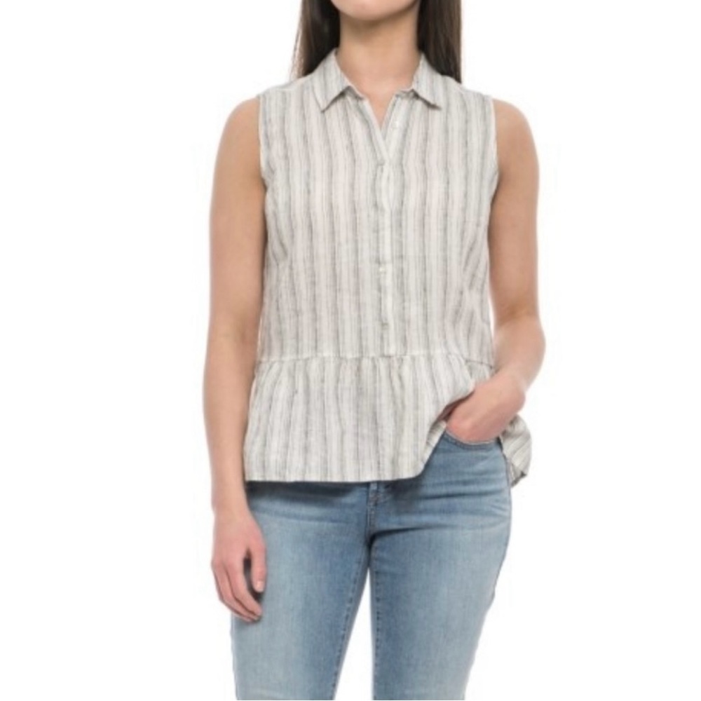 Tahari 100% Linen Striped Peplum Blouse in Size Medium